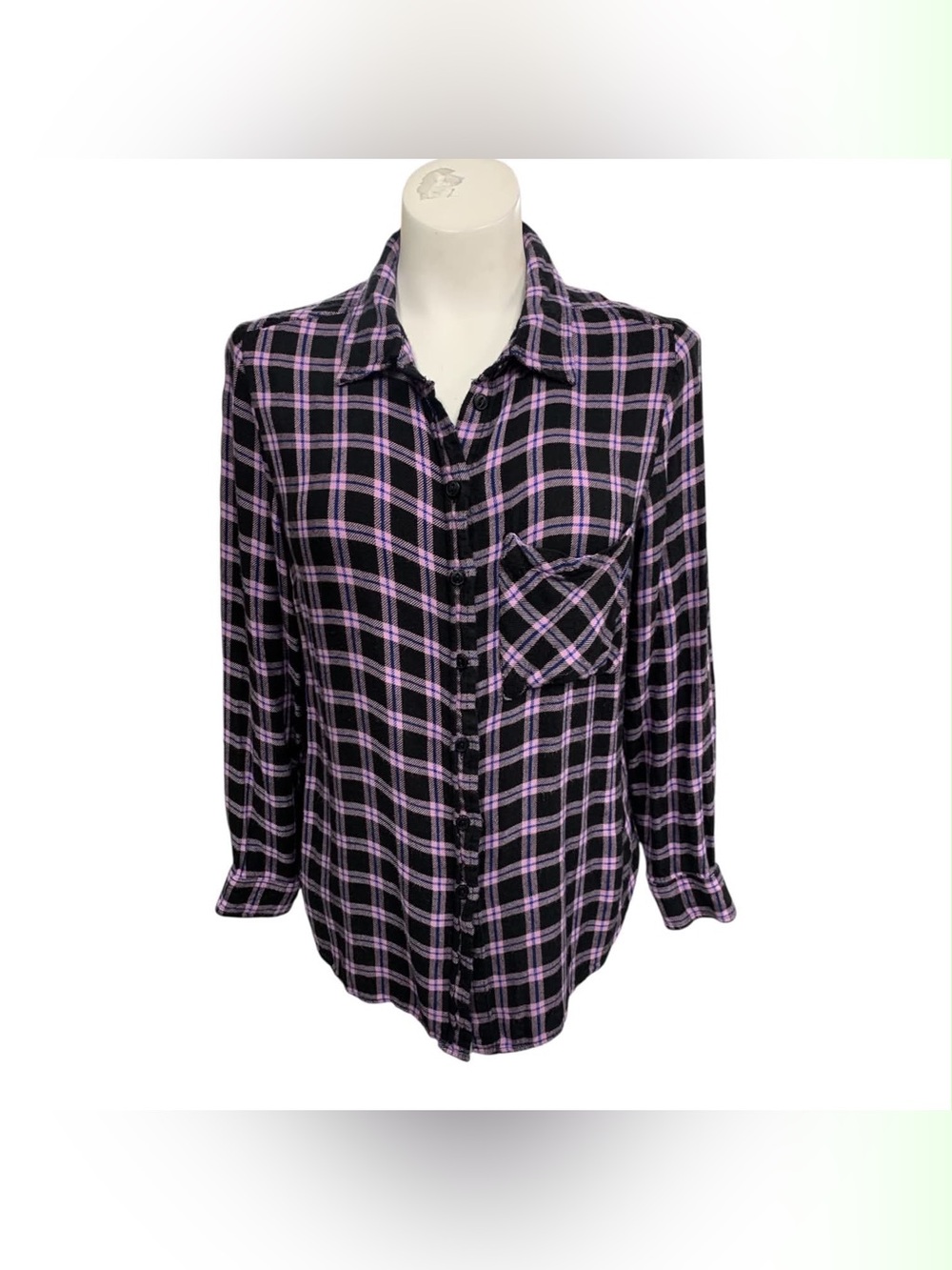 cleo Black and Purple Plaid Button-Up Shirt Size S